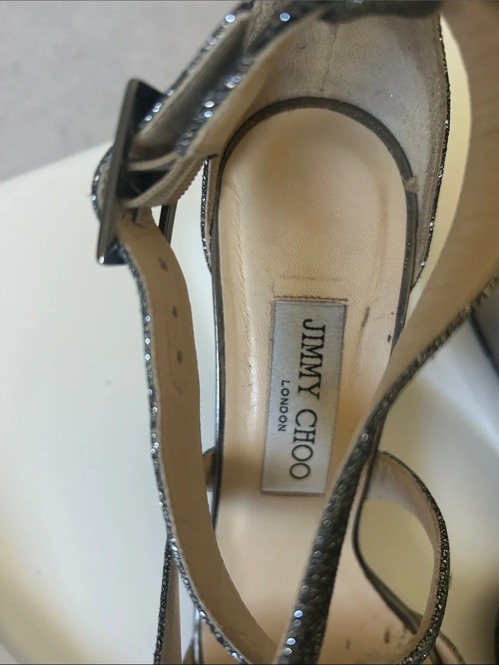 Jimmy Choo Black Glitter Strappy Ankle Sandals